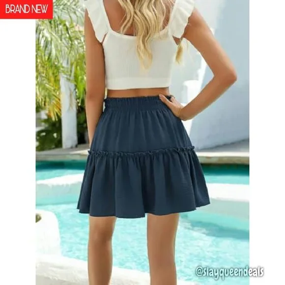 High Waisted Ruffle Mini Skirt Tiered A-Line Summer Boho Flowy - Picture 3 of 8
